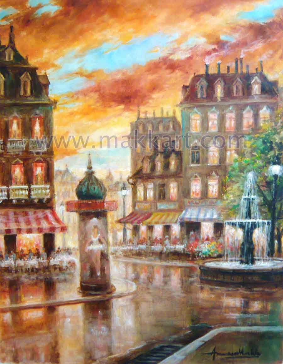 "After 5" is an oil painting by Americo Makk. It shows a Parisian street corner or square with a fountain at the far right. It is dusk, and the multi-story buildings show lights on within them. There are people eating and drinking at cafe tables.