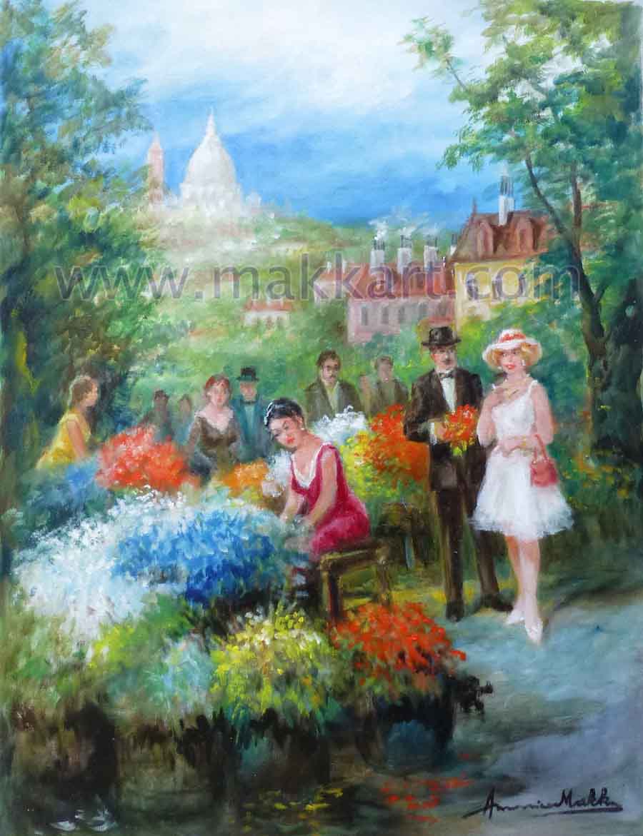 "Afternoon Colors" is an oil painting by Americo Makk. The scene is of a woman selling flowers in an open area - possibly a park. There is a crowd of people in the background. A featured couple is seen near the flower-seller. The man is holding a bouquet as if to give it to the lady. He is dressed in a suit and hat. She is wearing a knee-length white dress, a white hat and carries a red purse on her forearm. The background shows buildings and trees.