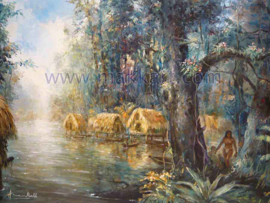 "Amazon Village Indian Life" is an oil painting by Americo Makk. The painting shows grass covered huts with canoes attached to the, on the bank of the Amazon River. In the lower right foreground a mother and child are standing between two trees that are covered with orchids.