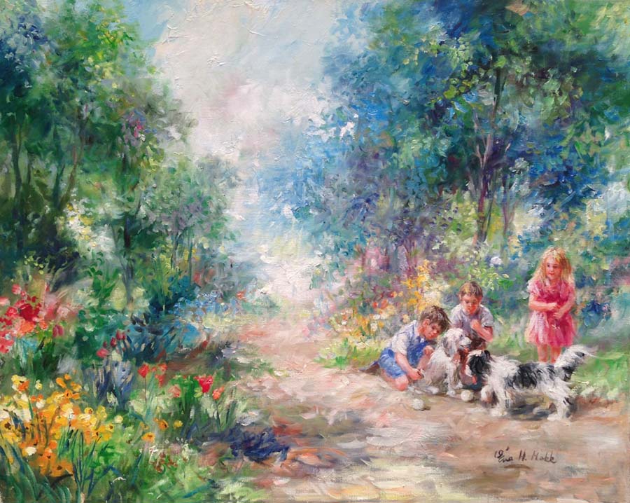 "Blissful Days" is an oil painting by Eva Makk. It shows 3 children and 2 dogs along a path surrounded by trees and flowers.