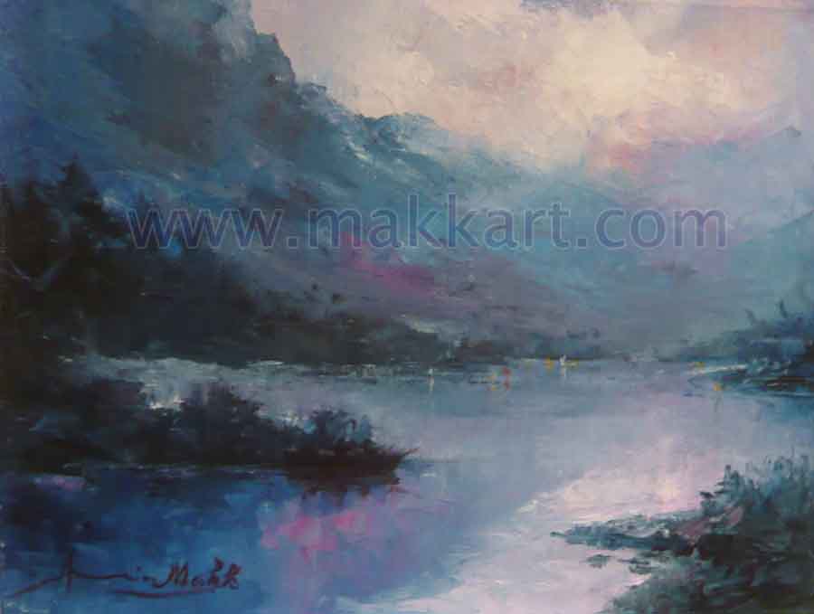 "Canadian Blue" is an oil painting by Americo Makk. The scene shows a large lake with points of land jutting into it. The surrounding mountains are high and block much of the light. The overall colors of this work are blues, purples, magenta, and deep (nearly black) greens.