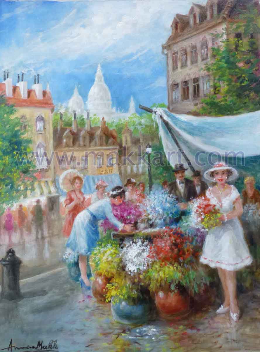 "Choice Bouquet" is an oil painting by Americo Makk. I features a young woman holding a bouquet of flowers in front of a flower stall. The era is probably the late 1950's or early 1960's. The setting is Paris.