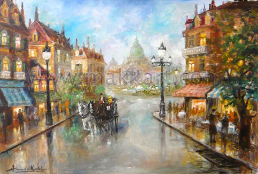 City Center is an oil painting by Americo Makk. I shows a European street scene including a horse drawn carriage coming down the street. Cafes and apartment building line the street, and there is domed building in the background.