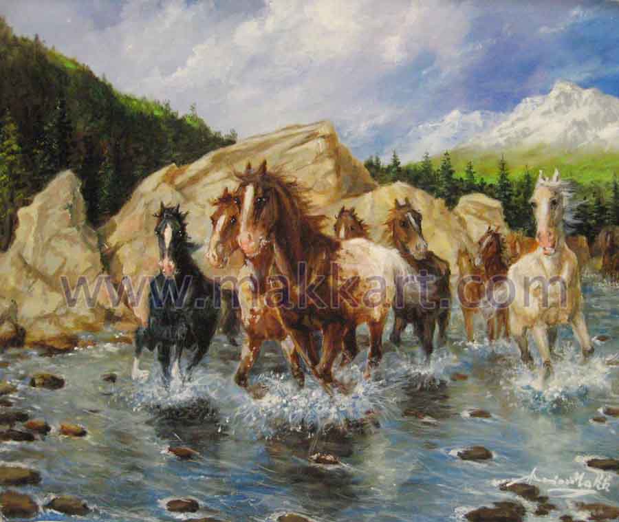 Cold Creek is an oil painting by Americo Makk. Is shows a croup of wild horses galloping through a stream or river. The background is an outcropping of rocks with evergreen trees ringing the mid-ground of the painting. The background sows snow-covered mountains and a blue sky with fluffy clouds.