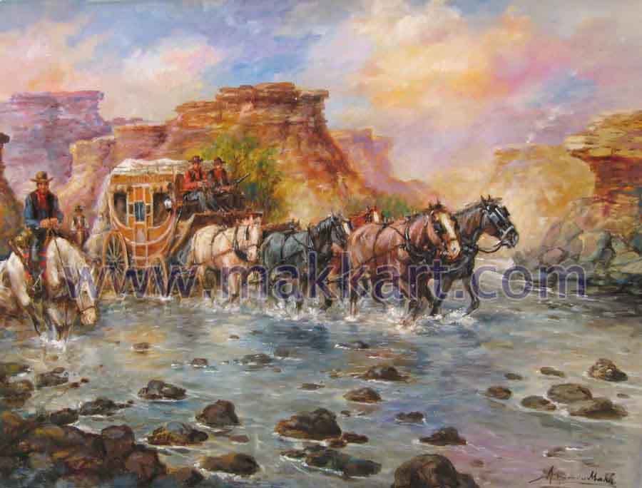 Comanches Territory is an oil painting by Americo Makk. It shows a scene of the American Southwest. There is a stagecoach being pulled by 6 horses across a stream. One of the drivers carries a shotgun. There are two escorts on horseback.