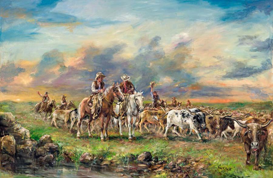 "Driven to Drink" by Eva Makk shows several cowboys driving a herd of long-horn cattle next to a riverbank.