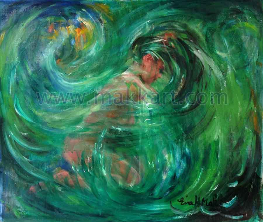 Emerald is an oil painting by Eva Makk. A kneeling female figure is partially obscured by swirls of greens and blues.
