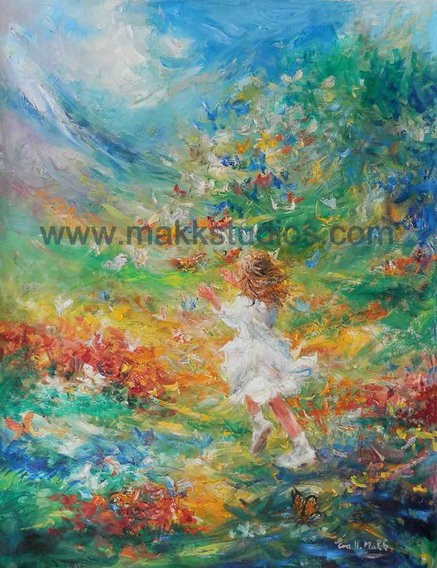 Joy on Wing is an oil painting by Eva Makk. It depicts a young girl chasing butterflies in a vibrantly colored field.