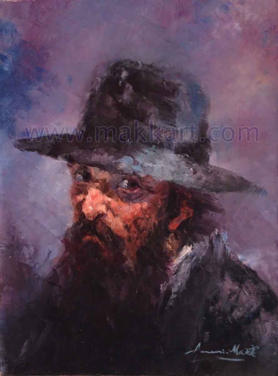 Old Fashioned is an oil painting by Americo Makk. It is a head & shoulders portrait showing a mature man with a heavy dark beard and straggly hair wearing a wide-brimmed black hat and coat.