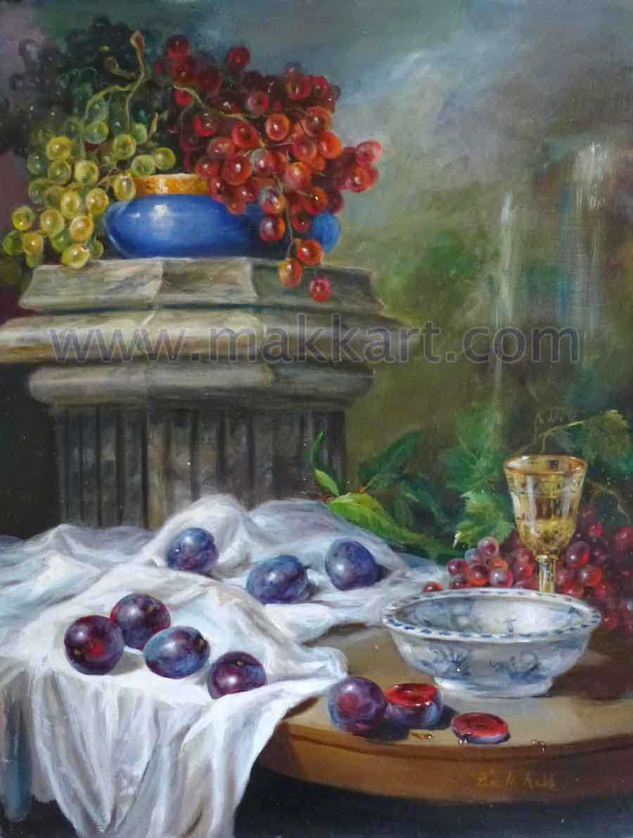 Plums is an oil painting by Eva Makk. I shows groupings of purple plums on a table with a satin drape. The plums are surrounded by a ceramic bowl, grapes and wine glass.