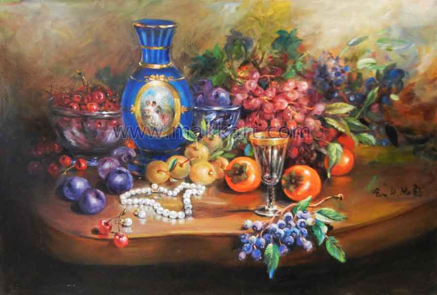 Sevres is an oil painting by Eva Makk. It portrays various fruits on a wooden table along with bowls a wine glass and a vase.
