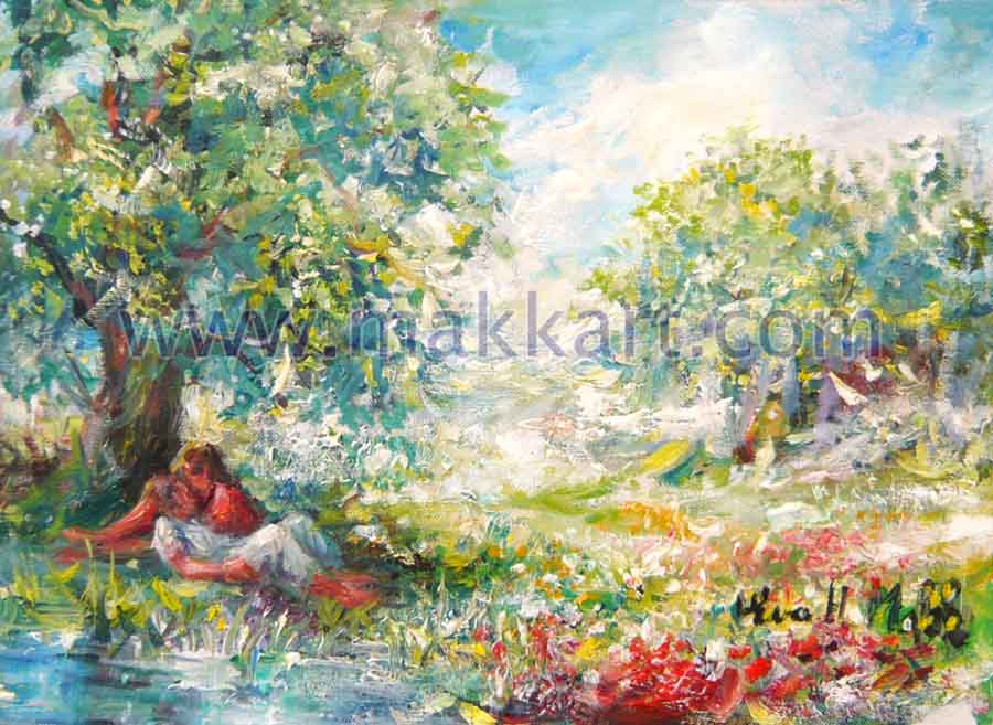 The Oak Tree is an oil painting by Eva Makk depicting a couple affectionately sitting under an oak tree near a pond.