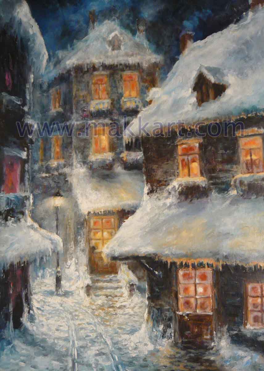 Windows of Winter is an oil painting by Americo Makk. I it shows several multi-stories old European houses on a narrow snow-covered street. The rooftops and eaves are also covered in snow. The windows are glowing warmly from interior lighting.