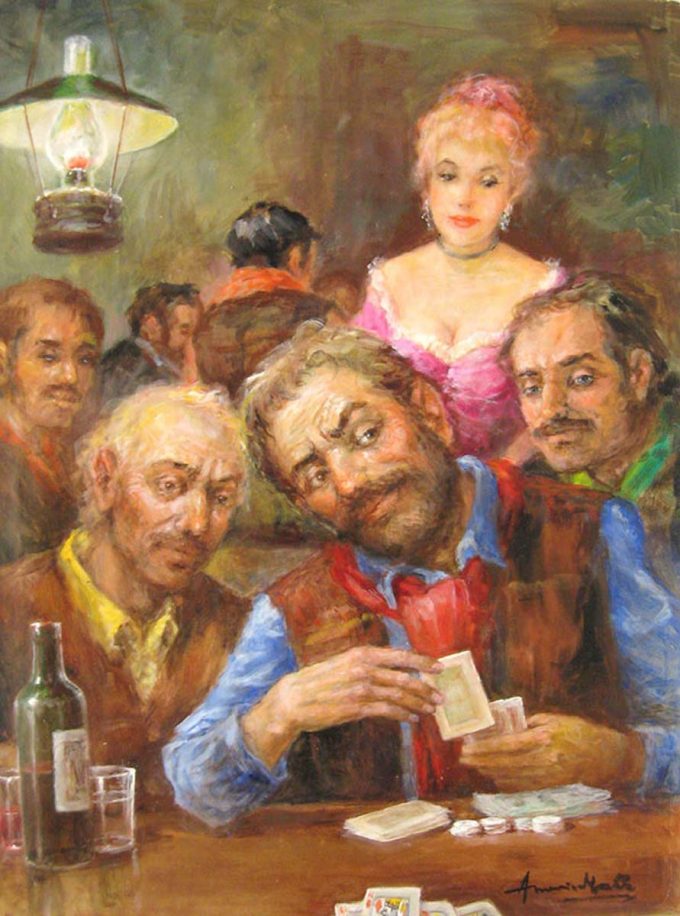 Call by Americo Makk shows 3 men at a card table, with a woman standing behind them. One of the men holds a hand of cards, and is trying to read the players across the table, who are unseen.
