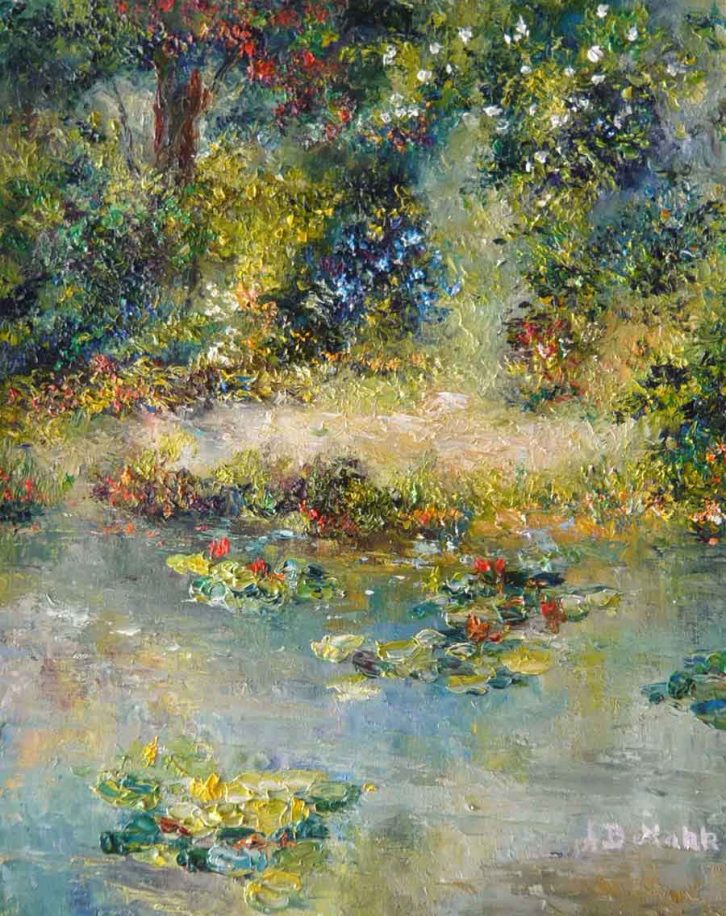 Dogwood in Bloom by AB Makk shows a pond and with water lilies in the foreground and trees and grasses in the background.