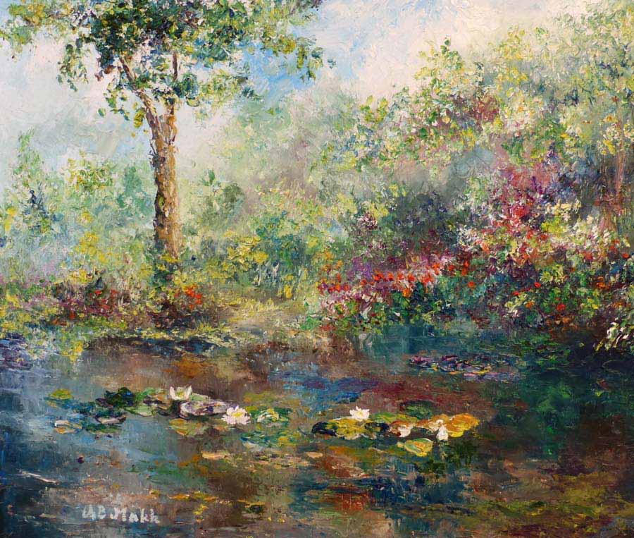 Elegance in White by AB Makk shows a pond with water lilies surrounded by trees and flowers on the bank.