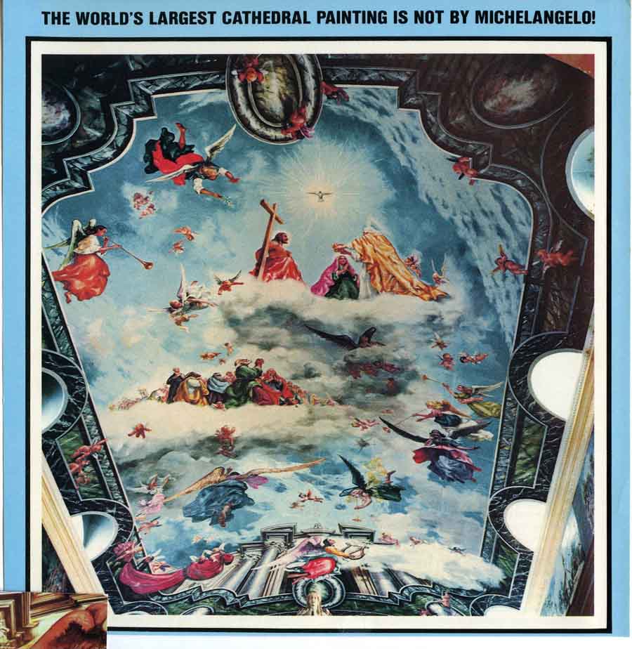 Photograph of a ceiling mural painted by Americo and Eva Makk in the 1950's. Jesus has ascended to heaven and is surrounded by angels and worshippers.