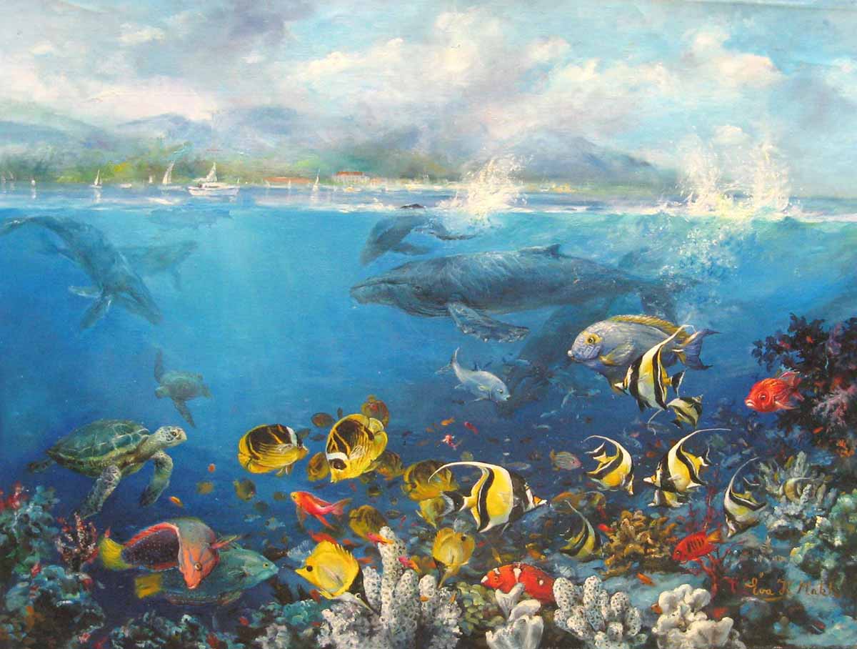 Maui Cherished is an oil painting by Eva Makk. It shows the Lahaina shoreline in the background and underwater ocean-life in the foreground.