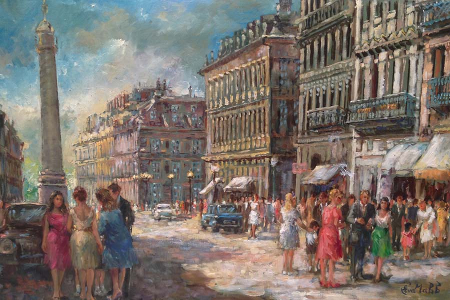 A Parisian Day by Eva Makk shows a street in Paris where people are walking and browsing. The scene appears to be set in the late 1950's or early 1960's.