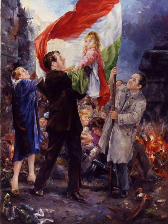 With the flag as its pinnacle, Eva Makk has celebrated her nation and her family. Light floods through the center of the Hungarian flag from which the Soviet emblem has been cut-sheltering the wounded and illuminating the child, Eva's grand daughter, Alexandra, held up by her son, a symbol of Hungary's future. At left, holding the flag, is her husband and partner, Americo. Beyond him, flames consume the oppressors. This painting is part of the Hungarian millecentennial historical suite in the Museum of Hungarian Military History in Budapest.