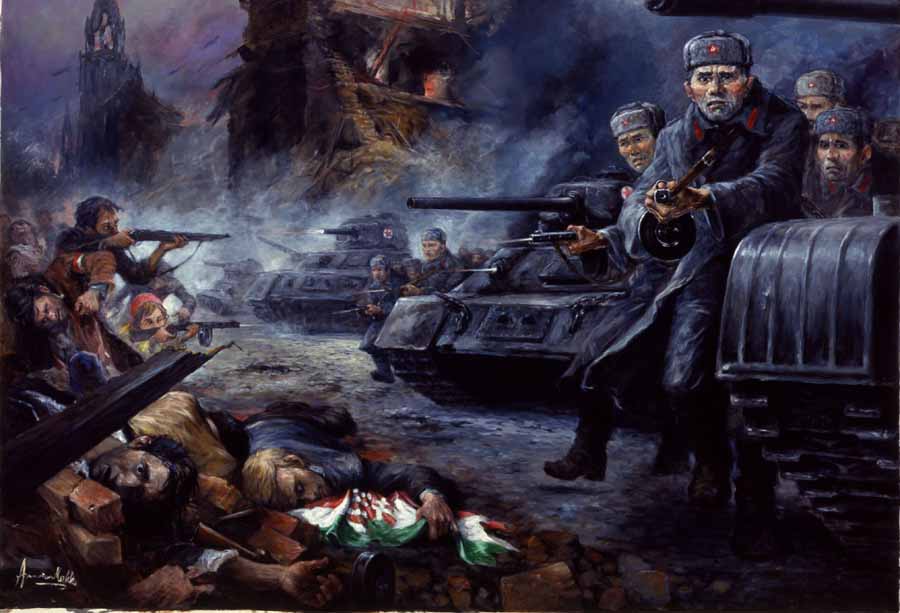 After its victorious Freedom Fight, Hungary was an independent, free, and neutral nation for 13 days, from October 23 until November 4, 1956, when the Soviet Union attacked it with full military force. The "Free World" did not support Hungary's efforts to become free, and the Soviets, in retaliation for the revolution, launched a full-scale invasion against the nation and its people. The streets of the capital became slippery with Hungarian blood as the nation's freedom, and its people, were murdered. This painting is part of the Hungarian millecentennial historical suite in the Museum of Hungarian Military History in Budapest.