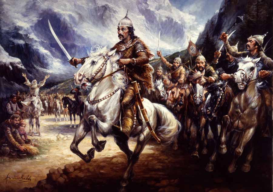 Seven powerful tribes were the core groups that formed the Magyar people from whom emerged the Hungarian nation. They established a federation, codified a national constitution, and elected Arpad, leader of the largest tribe, as hereditary ruler of land to be obtained by common effort and shared by all. Here, in 895 C.E., he leads them across the Carpathian mountains into their new homeland, where the nation was formed in 896. This painting is part of the Hungarian millecentennial historical suite in the Museum of Hungarian Military History in Budapest.