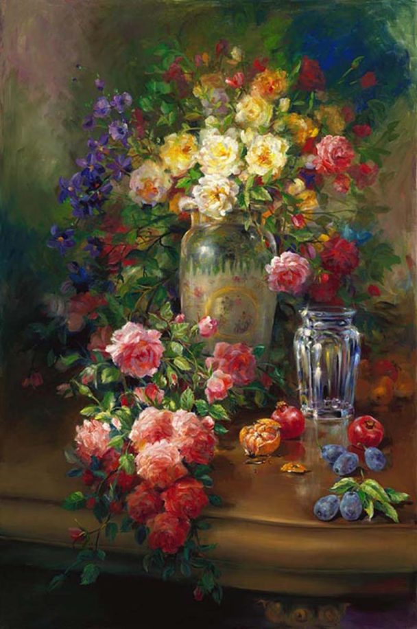 Baccarat by Eva Makk is a still life showing a wooden table holding several vases of flowers, and loose flower strewn on the table.