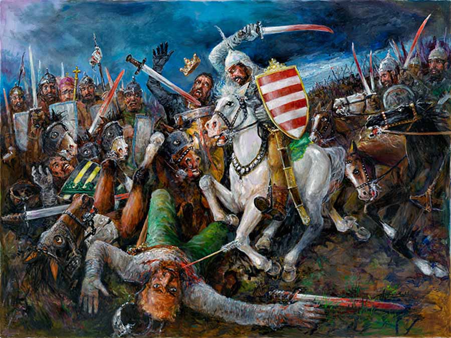 Maneuverability and brilliant tactics won against overwhelming numbers. The European forces at left-heavy cavalry and armor-are ponderous and weary from looting and their long march. Arpad's light cavalry and fast-striking operations corner them against the Danube and shower them with flights of arrows. The reverse of the canvas includes the family crest and the phrase "Magyarok Fenyes Gyozelme - Brilliant Hungarian Victory." This painting is part of the Hungarian millecentennial historical suite in the Museum of Hungarian Military History in Budapest.
