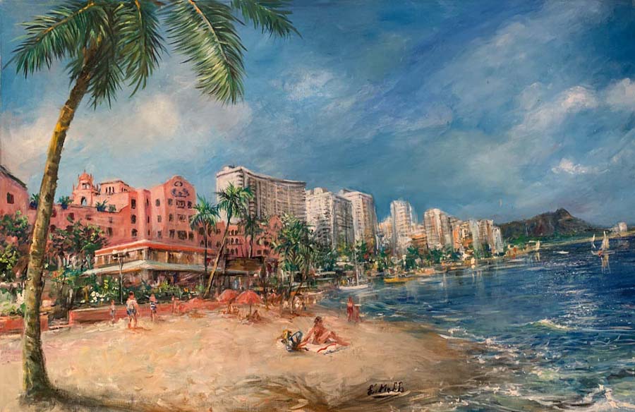 Beach Memories by Eva Makk shows Waikiki Beach with the Royal Hawaiian Hotel as the focal point. There are sunbathers in the foreground. It is a lovely day.
