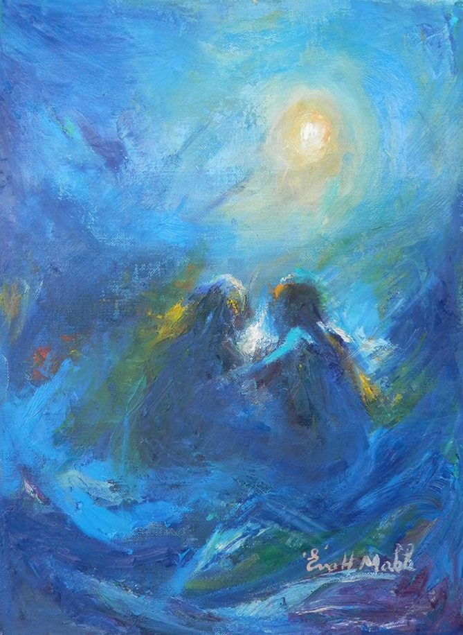 Blue Fire by Eva Makk shows two figures in 3/4 profile looking at each other. They are state on the ground and the sun is in the background. Other than the sun, the painting is done in shades of blue.