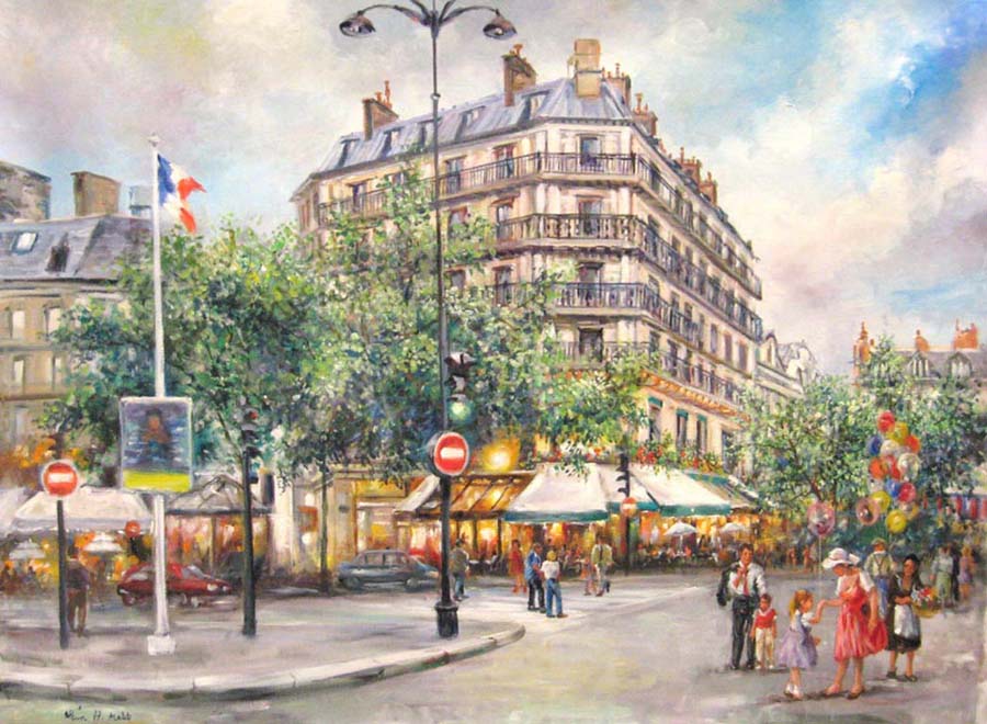 Boulevard St. Germaine by Eva Makk shows a street corner in Paris. The focal building is classic Parisian style with a cafe on the corner. There are people in the streets and at the cafe. The foreground shows a family who have just bought a balloon from a street vendor.