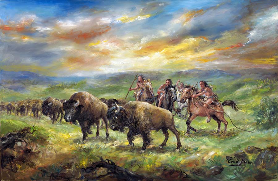 Braves on Buffalo Trail by Eva Makk shows Native Americans on horseback rounding up and driving buffalo. They are on a green plateau. The sky has scattered clouds against vibrant blue. The sun is behind clouds.