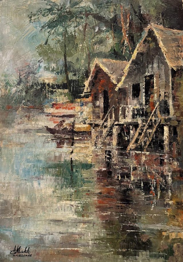Caxanga Manaus by Americo Makk is a scene of a fishing village along the Amazon River. It shows two over-water structures, with stairs leading down to the river, and a small boat with two fisherman in it, in the background. The structures are surrounded by trees.