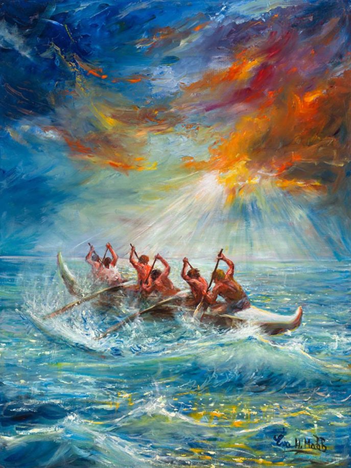 Challenge by Eva Makk shows 6 people paddling an outrigger canoe on the ocean. The painting features blues and greens in the water and sky. The right side of the sky blazes with reds and yellows as the sun comes up.