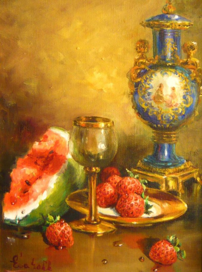Cobalt by Eva Makk is a still life featuring a quarter of a watermelon, glass of wine, plate of strawberries and a Cobalt blue urn with a lit and two cherubs on each side.