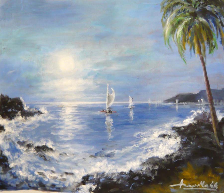 Cobalt Pacific by Americo Makk is a full moon over a tranquil blue Pacific with returning ships. Lured into this romantic piece with eloquent brush strokes infused variations blue, we are taken to paradise in a ti of idyllic harmony.