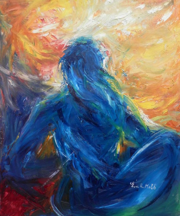 Contemplation by Eva Makk shows a woman with her back to us looking out on a yellow and orange background. She is shown in blue, perhaps indicating shadow.