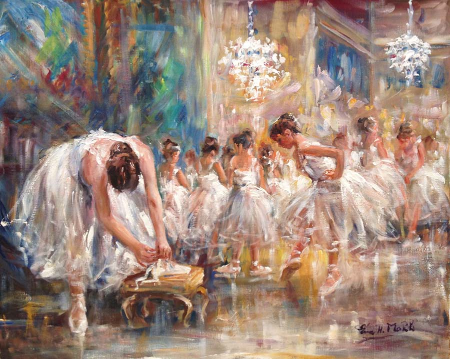Crescendo by Eva Makk shows ballerinas wearing Swan Lake style costumes in a grand hall. They are putting on shoes and getting ready to dance.