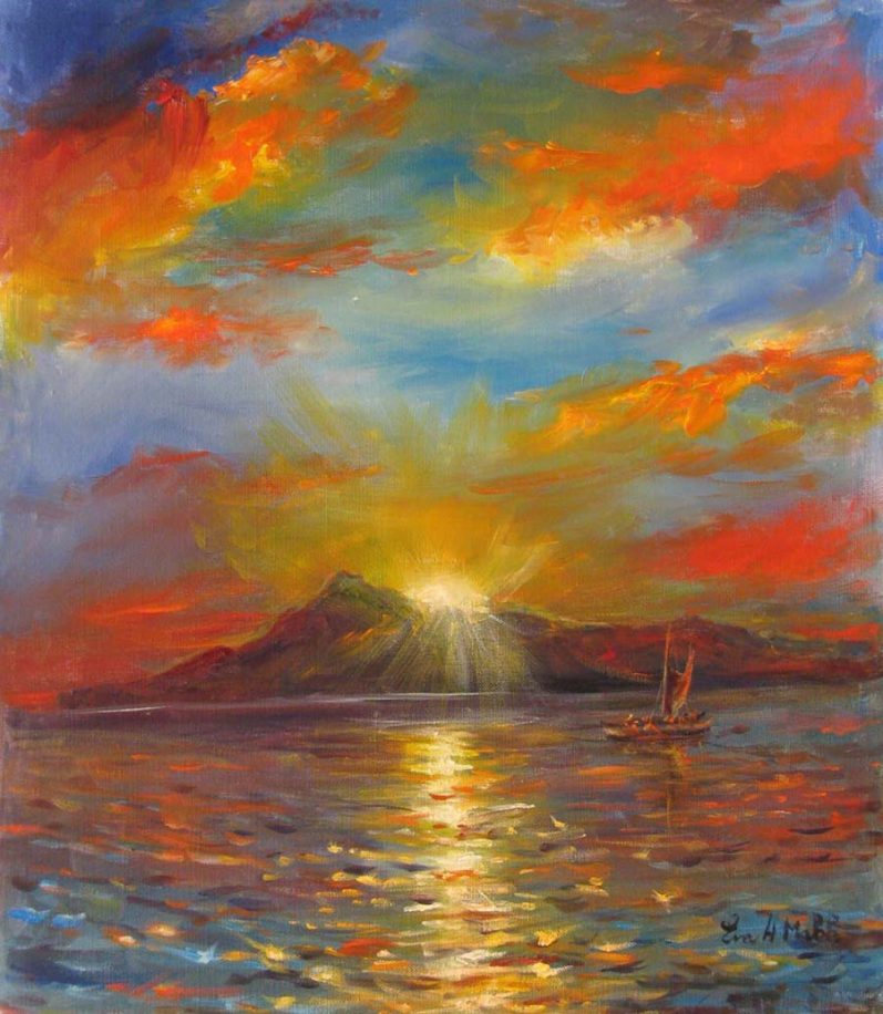 East of Diamond Head by Eva Makk shows the sun setting behind Diamond Head Crater on Oahu. A Polynesian sailing vessel is visible. The jeweltone colors include red, blue, yellow, green and blue throughout the water and sky.