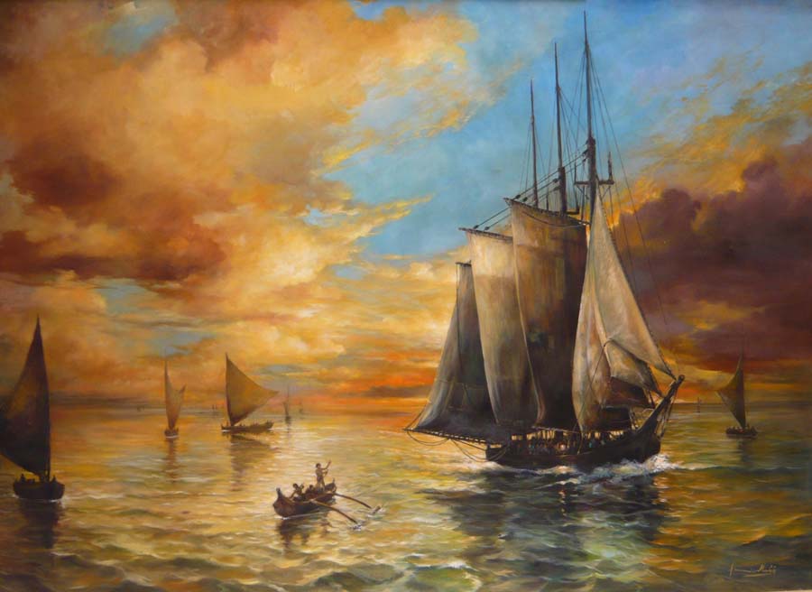 Emma Claudina by Americo Makk is an ocean scene featuring a 4-masted sailing ship surrounded by small sailboats and an outrigger canoe. The sun is low in the sky, and the colors on the water are muted.