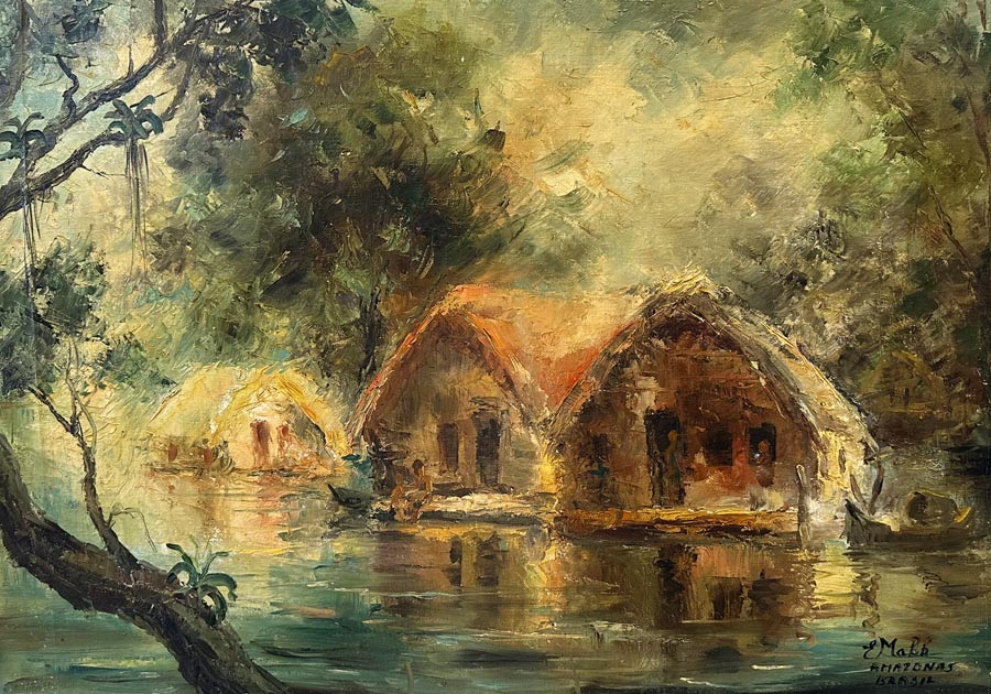 Evening Glow by Eva Makk shows several huts along the Amazon Riverbank in the last rays of sunlight. There are people sitting in front of the homes with their feet in the water.