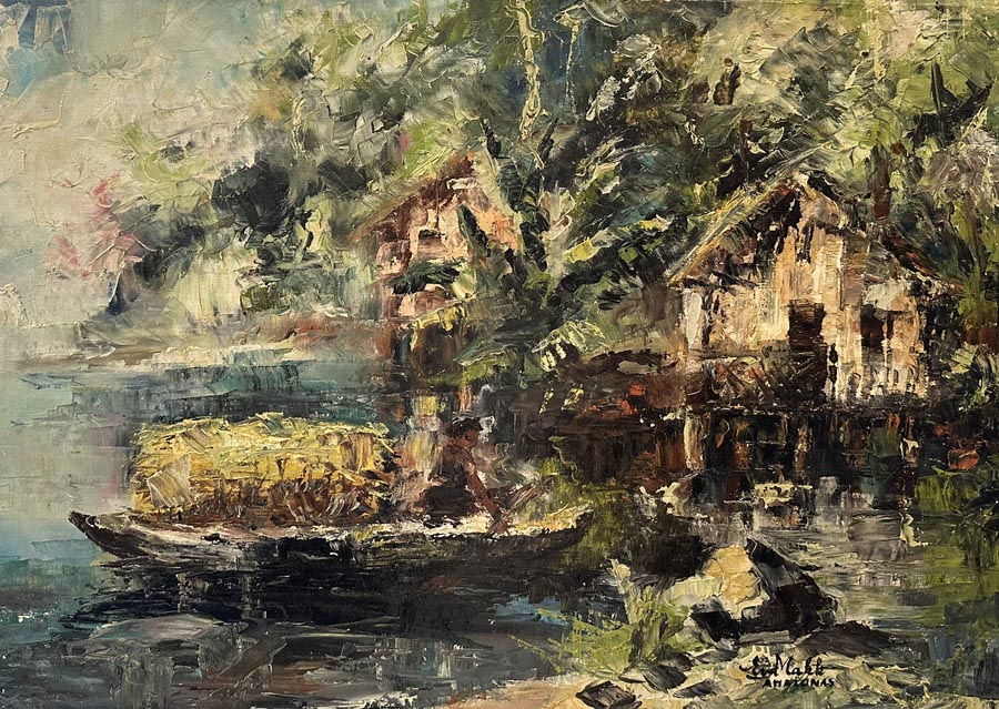 Jungle Extravagance by Eva Makk is a boldly styled scene of a boat and huts along the Amazon River. There are palms and trees in the background.