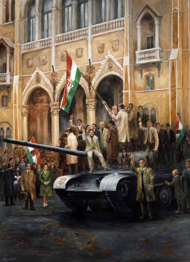 Inspired by a photo of the first moments of the 1956 revolution, the painting depicts a jubilant, unorganized crowd of Hungarian civilians shortly after they seized a Soviet tank outside of the Hungarian Parliament in Pest. The Soviet symbol has been cut from the flag, and the Hungarian emblem has been painted on the tank. Despite the nonviolent beginnings, the Hungarian and Soviet secret police began shooting civilians. Hungarian young people armed themselves by breaking open Soviet armories, and forced the Soviets to retreat for a week, while Hungary waited for world validation. When the Free World did not support free Hungarians, the Soviets counterattacked. This painting is part of the Hungarian millecentennial historical suite in the Museum of Hungarian Military History in Budapest.