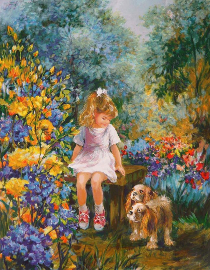 For a Lifetime by Eva Makk shows a small girl looking at her two King Charles Cavalier Spaniels. They are surrounded by trees in the background and blue, yellow and red flowers in the foreground.