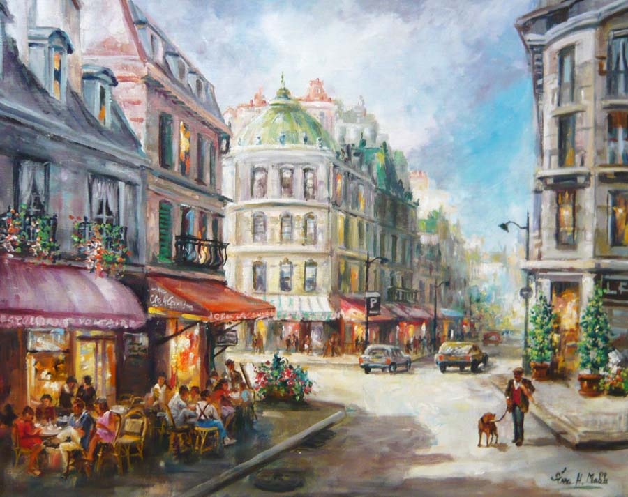 French Spring by Eva Makk shows a quiet street corner in Dance. A few people are seated at a cafe, and a man walks his dog. It is probably early morning, and the sky above the buildings is blue with scattered clouds.