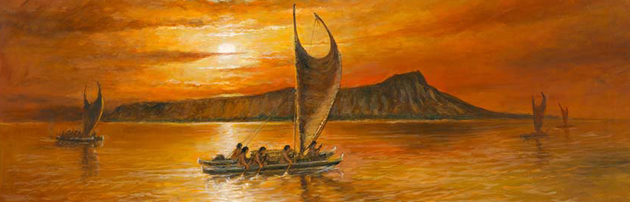 Hawaii Splendor shows a sailing canoe with Diamond Head in the background.
