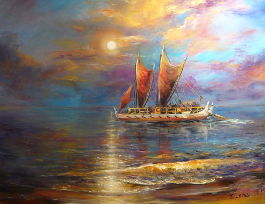 Hōkūleʻa by Eva Makk shows the Polynesian Voyaging Canoe just offshore at sunset or sunrise. There are small waves breaking on the shore, and the canoe is highlighted by sunshine.