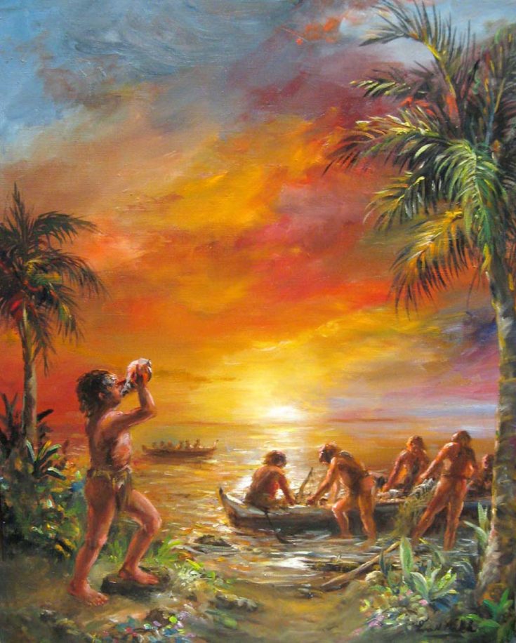 Homecoming 2 by Eva Makk is set on a shoreline. Hawaiian people have returned from Fishing and are beaching their boats. A young man blows on a conch shell in the foreground. The colors of the sky are vibrant red, yellow and orange, indicating sunset.