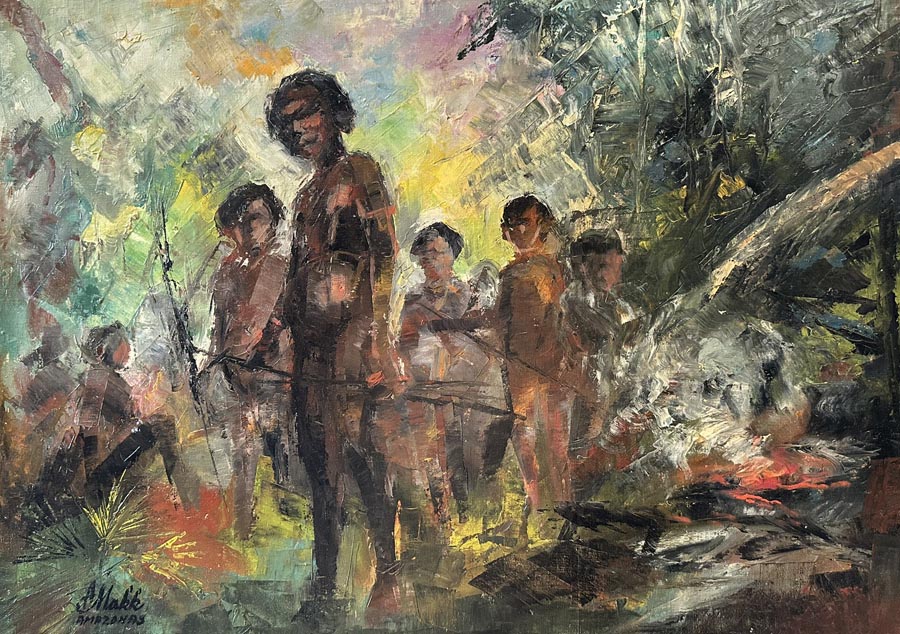 Hunters by Americo Makk shows a group of Amazonian men with hunting implements.