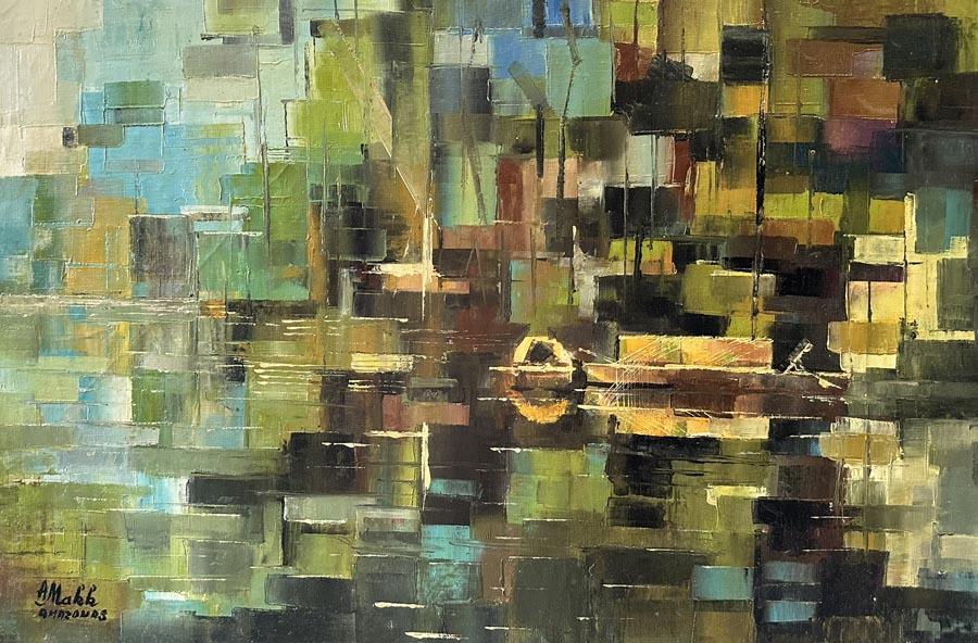 Hushed Anticipation by Americo Makk shows an abstract scene of an Amazonia village. The style is blocks of colors